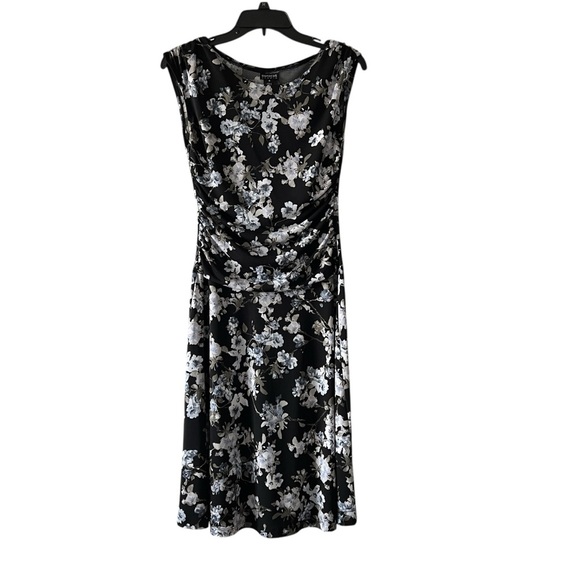 Enfocus Studio Dresses & Skirts - Vintage Floral Ruched Midi Dress Black Blue White Cap Sleeve 90s Cottagecore SM